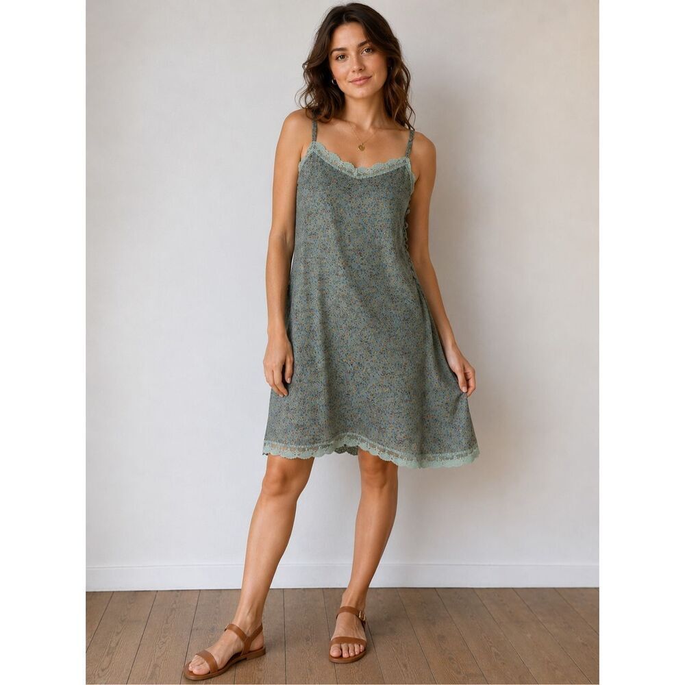 Bohemia Floral Lace Trim Slip Dress Blue Cottagecore Size L Lined